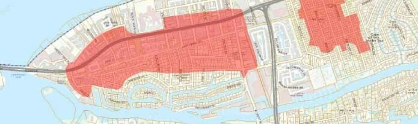 Eastern Shore Drive Map with flood areas in red