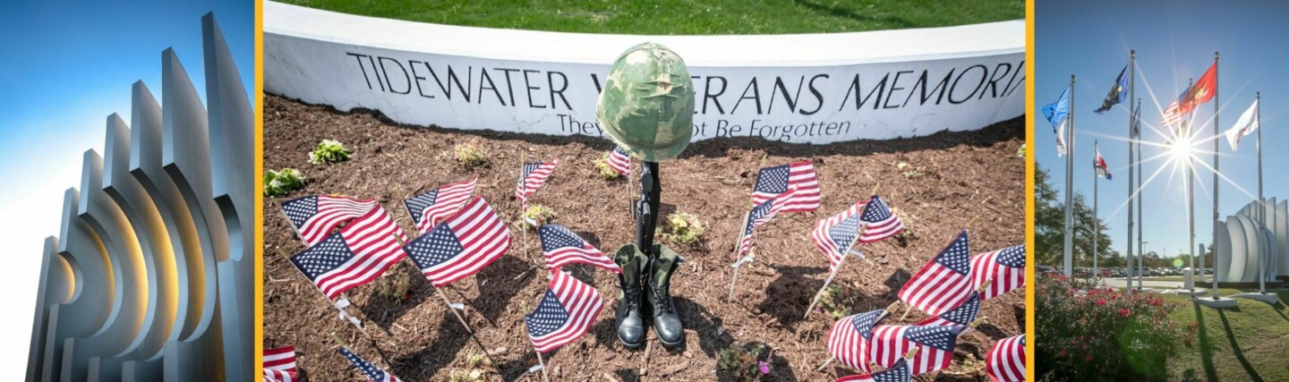 Collage of photos featuring Tidewater Veterans Memorial and flags