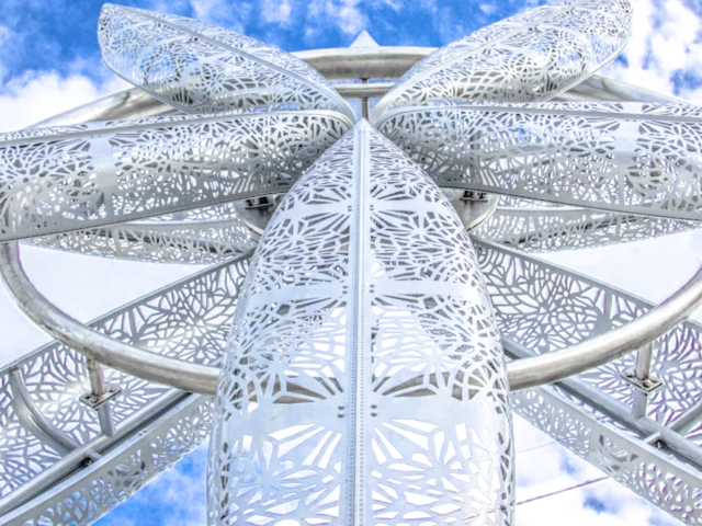 Image of the Canoes sculpture from the ground, looking skyward